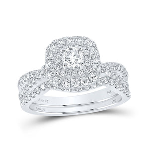 14kt White Gold Round Diamond Halo Bridal Wedding Ring Band Set 1 Cttw