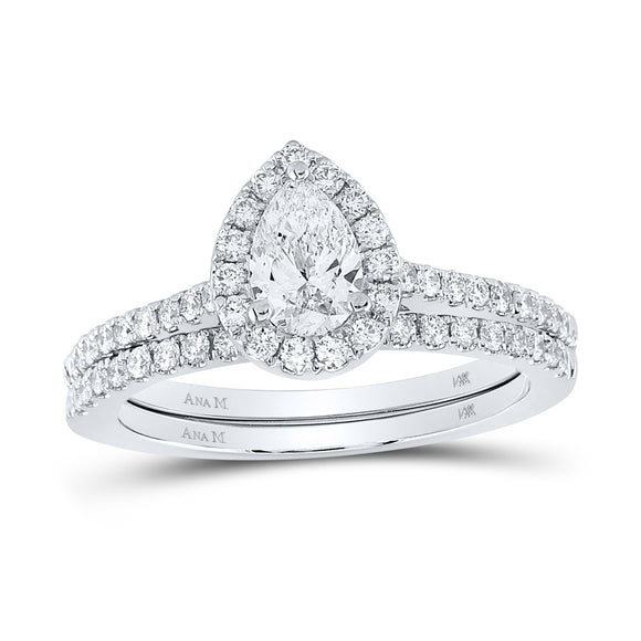 14kt White Gold Pear Diamond Halo Bridal Wedding Ring Band Set 1 Cttw
