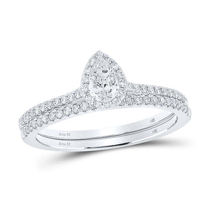 14kt White Gold Pear Diamond Halo Bridal Wedding Ring Band Set 5/8 Cttw