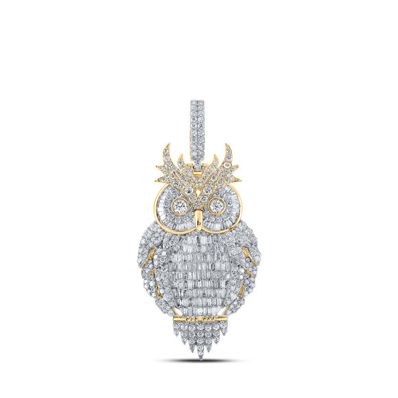 10kt Yellow Gold Mens Baguette Diamond Owl Bird Charm Pendant 3-7/8 Cttw