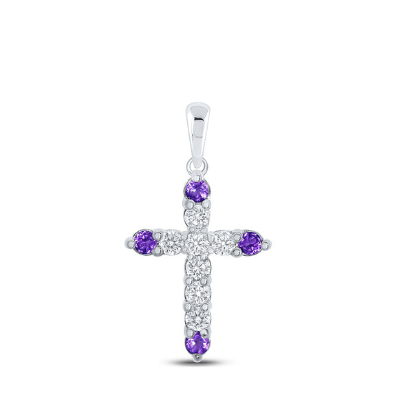 10kt White Gold Womens Round Synthetic Amethyst Cross Pendant 1/2 Cttw