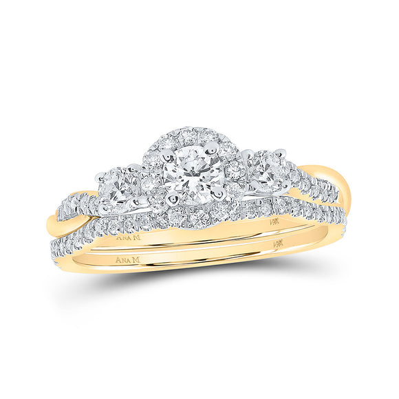 14kt Yellow Gold Round Diamond Halo Bridal Wedding Ring Band Set 3/4 Cttw
