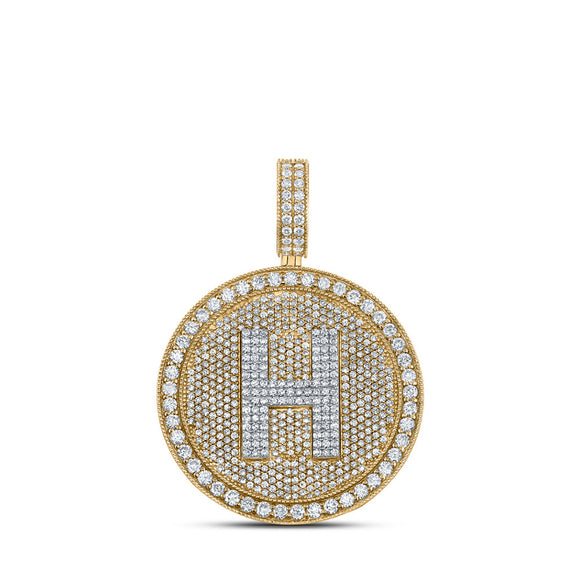 10kt Two-tone Gold Mens Round Diamond Letter H Circle Charm Pendant 3-3/4 Cttw