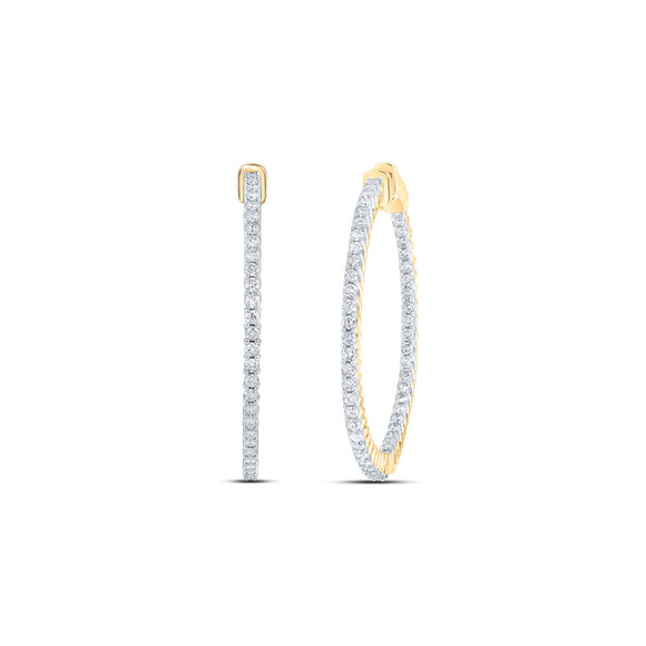 14kt Yellow Gold Womens Round Diamond Slender In Out Hoop Earrings 2 Cttw