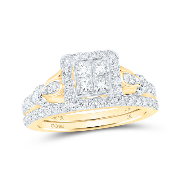 10kt Yellow Gold Princess Diamond Square Bridal Wedding Ring Band Set 7/8 Cttw