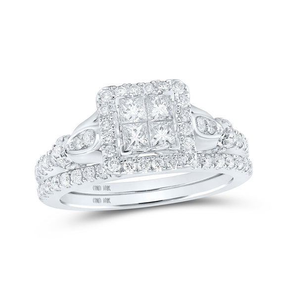 10kt White Gold Princess Diamond Square Bridal Wedding Ring Band Set 7/8 Cttw