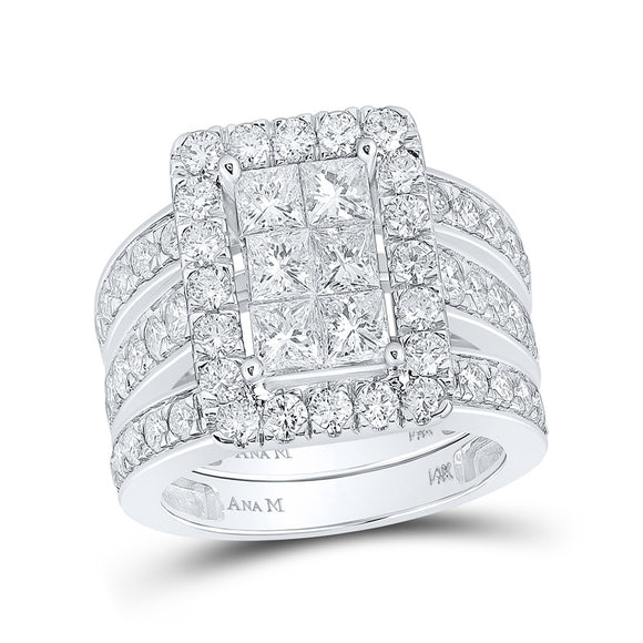 14kt White Gold Princess Diamond Halo Bridal Wedding Ring Band Set 3-1/2 Cttw