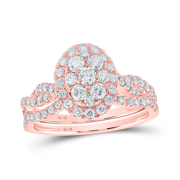 10kt Rose Gold Round Diamond Oval Cluster Bridal Wedding Ring Band Set 1-1/2 Cttw