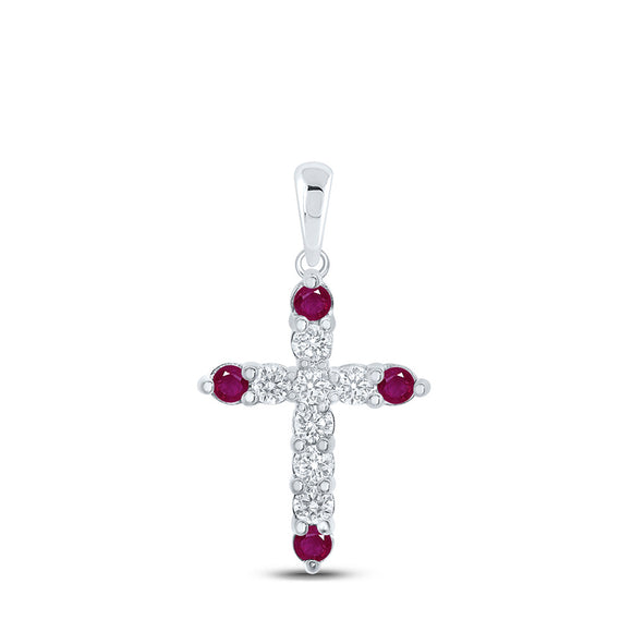 10kt White Gold Womens Round Ruby Diamond Cross Pendant 1/4 Cttw