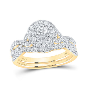 14kt Yellow Gold Round Diamond Halo Bridal Wedding Ring Band Set 1 Cttw