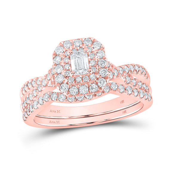 14kt Rose Gold Emerald Diamond Halo Bridal Wedding Ring Band Set 1 Cttw