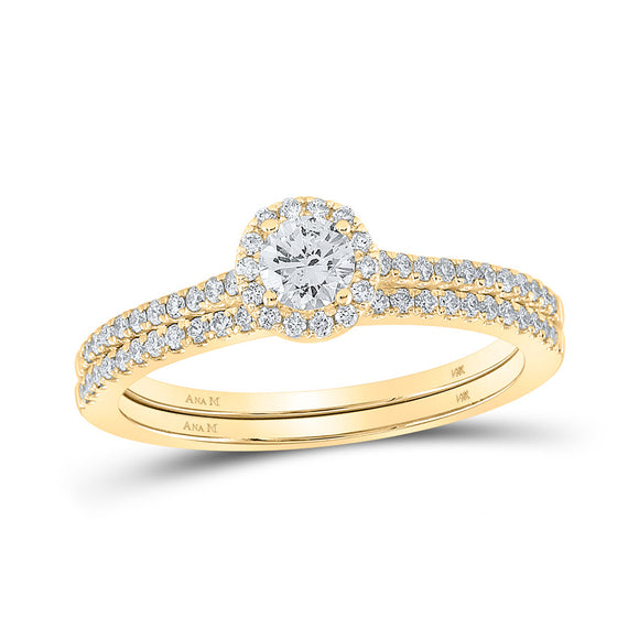 14kt Yellow Gold Round Diamond Halo Bridal Wedding Ring Band Set 5/8 Cttw