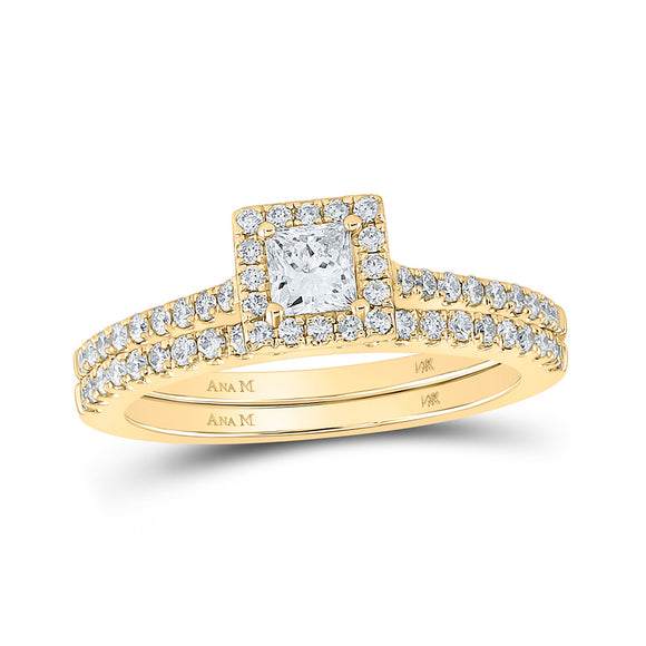 14kt Yellow Gold Princess Diamond Halo Bridal Wedding Ring Band Set 7/8 Cttw