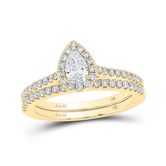 14kt Yellow Gold Pear Diamond Halo Bridal Wedding Ring Band Set 7/8 Cttw