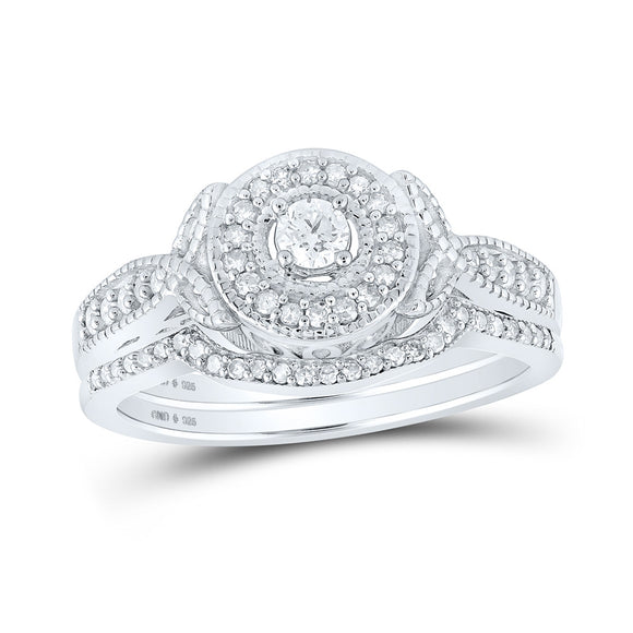 Sterling Silver Round Diamond Halo Bridal Wedding Ring Band Set 3/8 Cttw