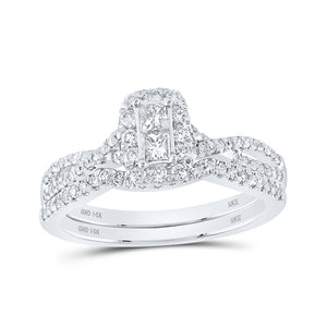 14kt White Gold Princess Diamond 2-Stone Bridal Wedding Ring Band Set 3/4 Cttw