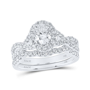 14kt White Gold Oval Diamond Halo Bridal Wedding Ring Band Set 1-1/2 Cttw