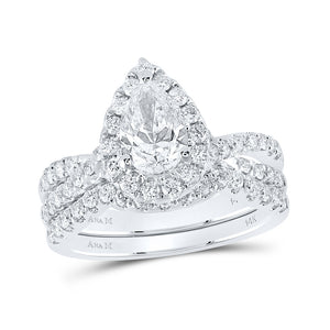 14kt White Gold Pear Diamond Halo Bridal Wedding Ring Band Set 2 Cttw