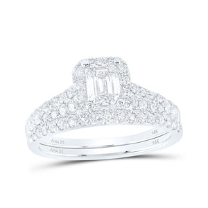 14kt White Gold Emerald Diamond Halo Bridal Wedding Ring Band Set 1-1/2 Cttw