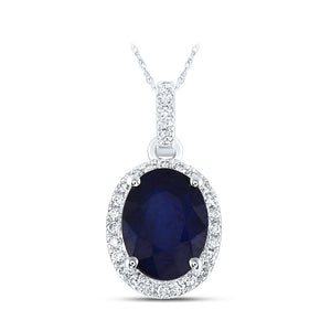 14kt White Gold Womens Oval Blue Sapphire Solitaire Diamond Halo Pendant 1-5/8 Cttw