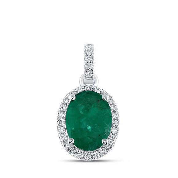 14kt White Gold Womens Oval Emerald Solitaire Diamond Halo Pendant 1 Cttw