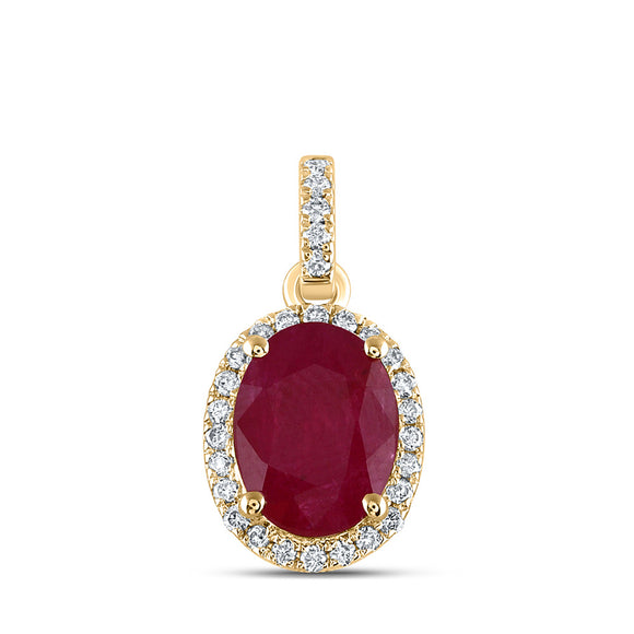 14kt Yellow Gold Womens Oval Ruby Solitaire Diamond Halo Pendant 1-5/8 Cttw
