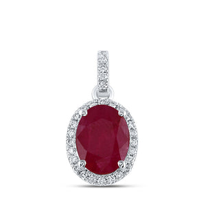 14kt White Gold Womens Oval Ruby Solitaire Diamond Halo Pendant 1-5/8 Cttw