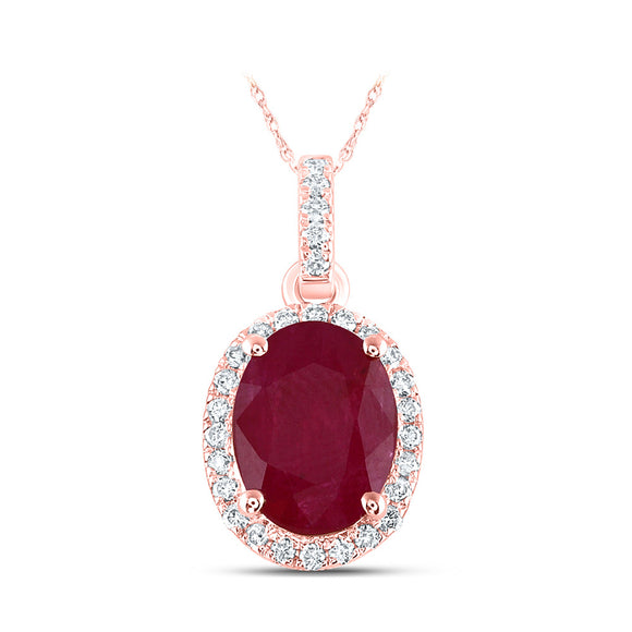 14kt Rose Gold Womens Oval Ruby Solitaire Diamond Halo Pendant 1-3/8 Cttw