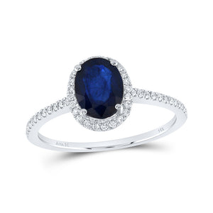 14kt White Gold Womens Oval Blue Sapphire Solitaire Diamond Halo Ring 1 Cttw