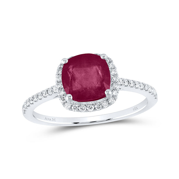 14kt White Gold Womens Cushion Ruby Diamond Halo Ring 2-1/5 Cttw