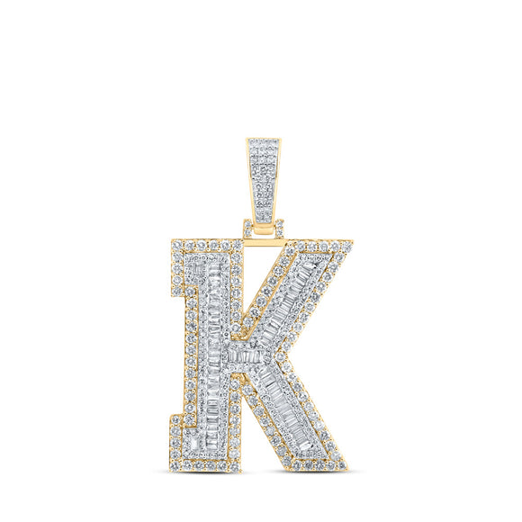 10kt Yellow Gold Mens Baguette Diamond K Initial Letter Charm Pendant 3 Cttw