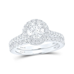14kt White Gold Round Diamond Halo Bridal Wedding Ring Band Set 1-5/8 Cttw