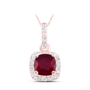 14kt Rose Gold Womens Cushion Ruby Solitaire Diamond Halo Pendant 3/4 Cttw