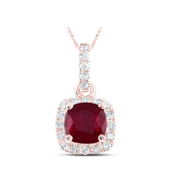 14kt Rose Gold Womens Cushion Ruby Solitaire Diamond Halo Pendant 3/4 Cttw