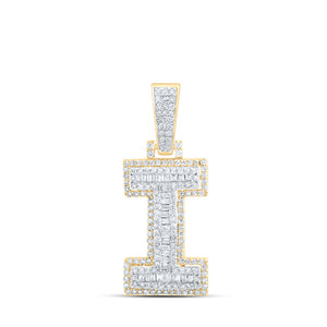 10kt Yellow Gold Mens Baguette Diamond I Initial Letter Charm Pendant 5/8 Cttw