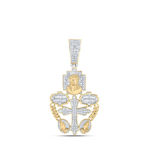 10kt Yellow Gold Mens Round Diamond Rosary Jesus Cross Charm Pendant 3/4 Cttw