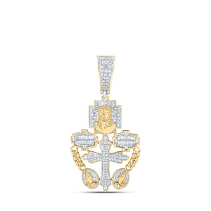 10kt Yellow Gold Mens Round Diamond Rosary Jesus Cross Charm Pendant 3/4 Cttw