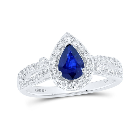 10kt White Gold Womens Pear Blue Sapphire Diamond Fashion Ring 1-1/4 Cttw