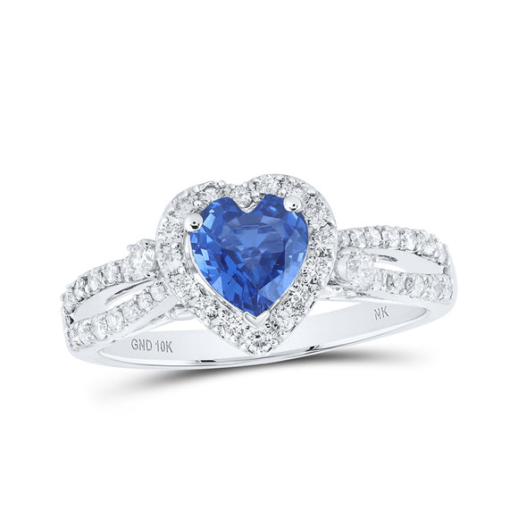 10kt White Gold Womens Heart Blue Sapphire Diamond Fashion Ring 1-3/8 Cttw