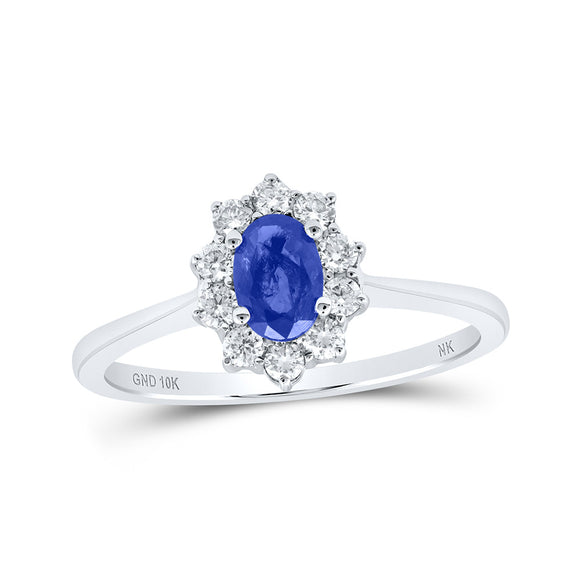 10kt White Gold Womens Oval Blue Sapphire Diamond Halo Ring 7/8 Cttw