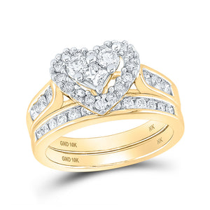 10kt Yellow Gold Princess Diamond Heart Bridal Wedding Ring Band Set 1 Cttw