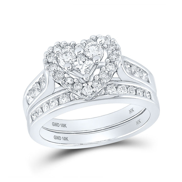 10kt White Gold Princess Diamond Heart Bridal Wedding Ring Band Set 1 Cttw