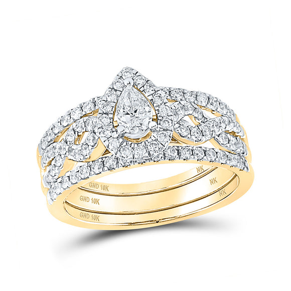 10kt Yellow Gold Pear Diamond 3-Piece Bridal Wedding Ring Band Set 7/8 Cttw
