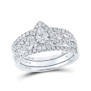 10kt White Gold Pear Diamond 3-Piece Bridal Wedding Ring Band Set 7/8 Cttw