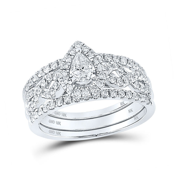 10kt White Gold Pear Diamond 3-Piece Bridal Wedding Ring Band Set 7/8 Cttw