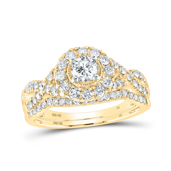 10kt Yellow Gold Round Diamond Halo Bridal Wedding Ring Band Set 1 Cttw