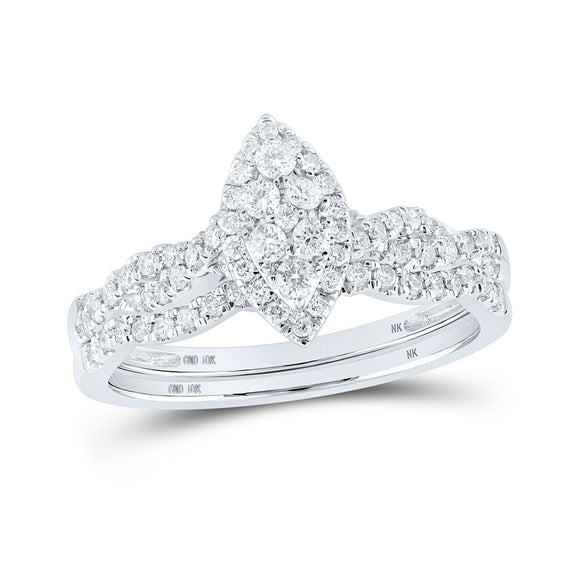 10kt White Gold Round Diamond Marquise-shape Cluster Bridal Wedding Ring Band Set 1/2 Cttw