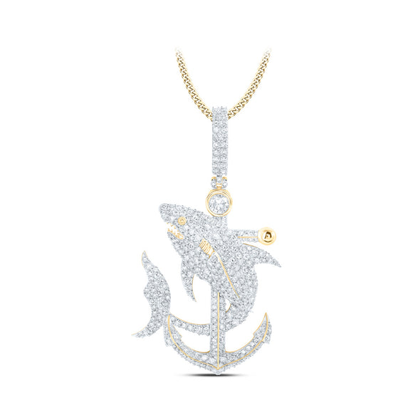 10kt Yellow Gold Mens Round Diamond Shark Anchor Charm Pendant 3-1/4 Cttw