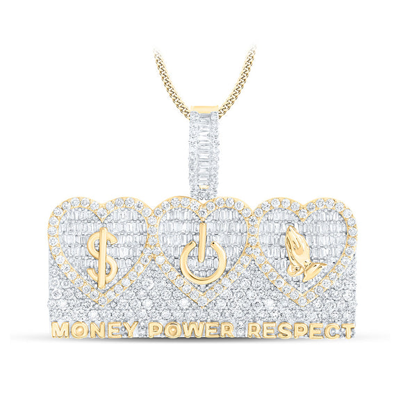 10kt Yellow Gold Mens Baguette Diamond MONEY POWER RESPECT Phrase Charm Pendant 3-3/8 Cttw