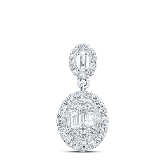 14kt White Gold Womens Baguette Diamond Oval Pendant 5/8 Cttw